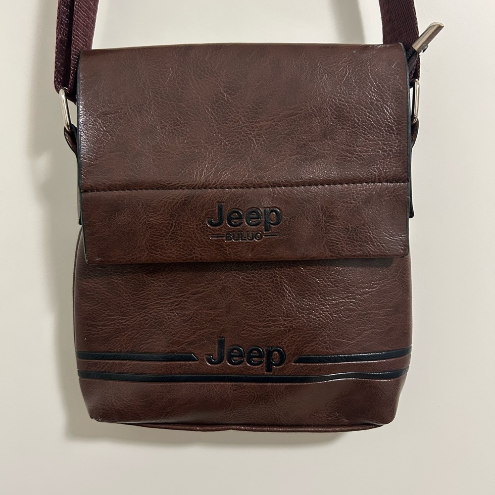 JEEP Buluo Brown Leather Crossbody Messenger Bag Adjustable Strap